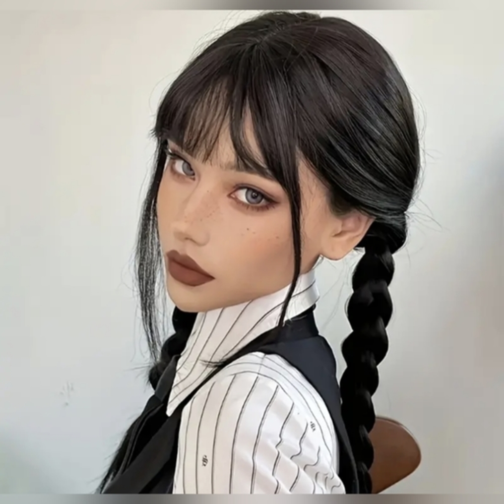 NEW black straight braided low pigtails w/bangs & longer pieces on both sides
